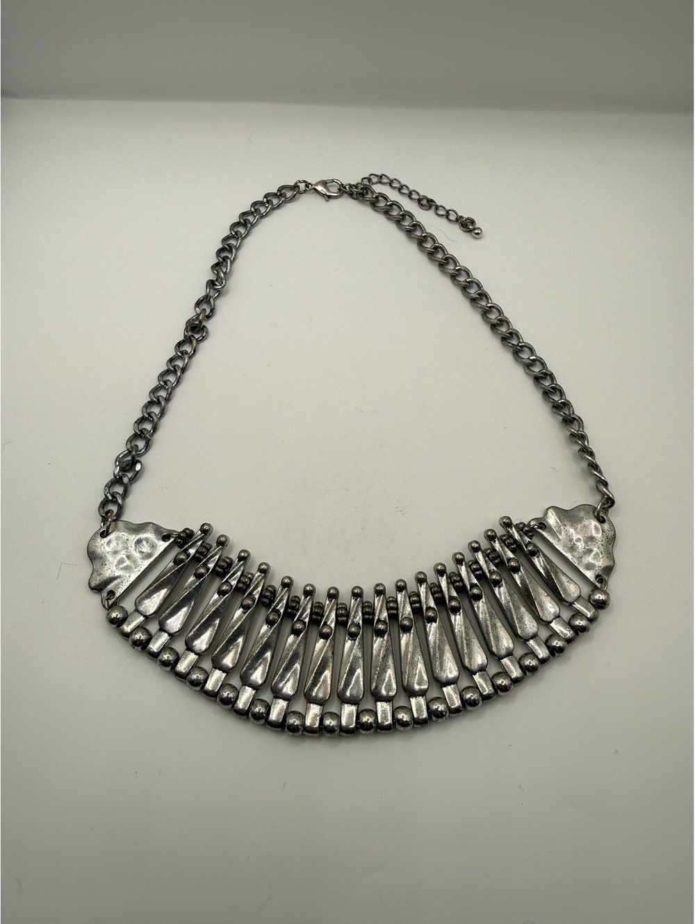 Antiqued Silver Tone Statement Necklace Boho Fringe Bib Collar Jewelry